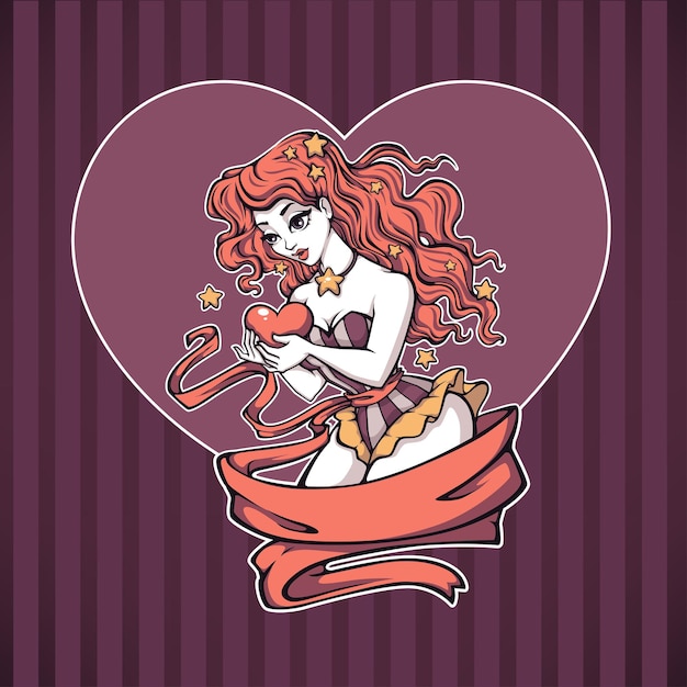 Fantasy pinup girl holding a heart, vector illustration for your print on dark background