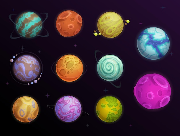 Vector fantasy planets with rings and satellites in space