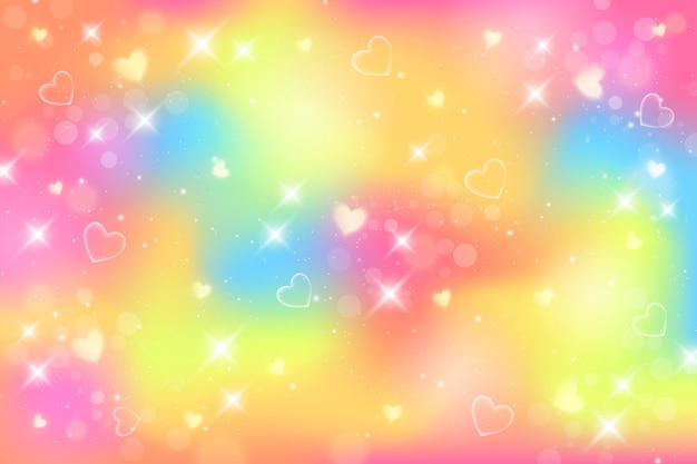 Sfondo arcobaleno di fantasia. motivo in colori pastello. cielo con stelle e cuori.