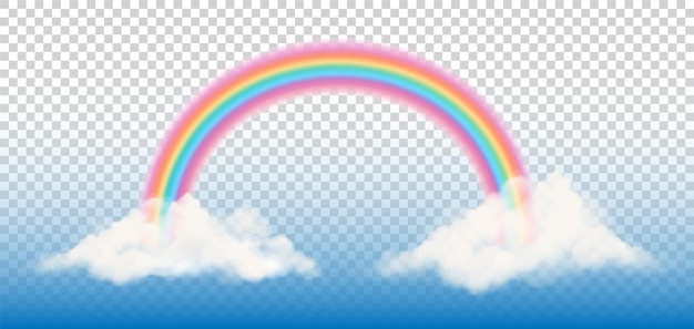 Fantasy rainbow with clouds on transparent background arched realistic spectrum