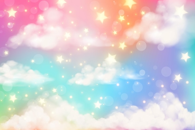 パステルカラーの雲とファンタジーリアルな虹の背景ユニコーン漫画かわいい壁紙