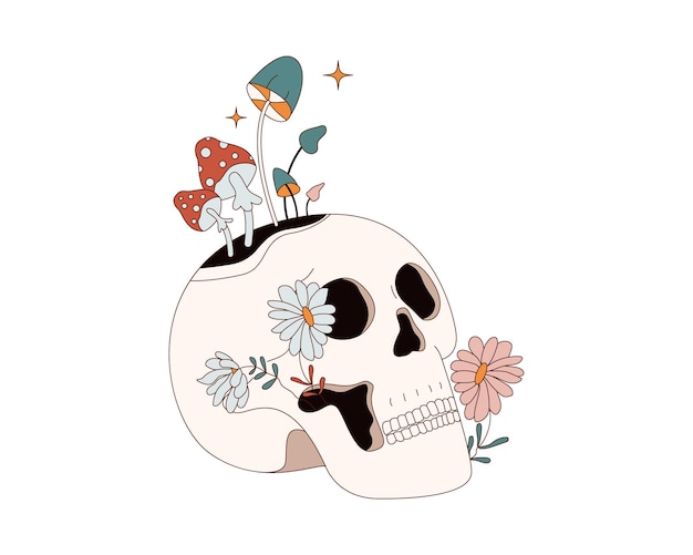 Premium Vector | Fantasy retro hippie skull with mushrooms and flowers in  60s 70s style. abstract psychedelic art