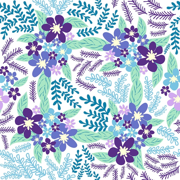 Fantasy seamless floral pattern with blue azure tsman lavender flowers and leaves Elegant template for fashion