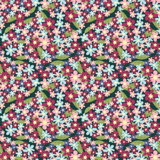 Fantasy seamless floral pattern with blue pink purple red orange flowers and leaves Elegant template for fashion