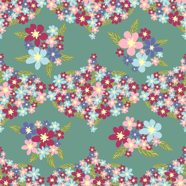 Fantasy seamless floral pattern with blue pink purple red orange flowers and leaves Elegant template for fashion