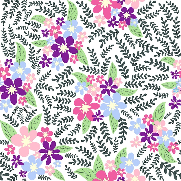 Fantasy seamless floral pattern with blue pink purple red orange flowers and leaves Elegant template for fashion