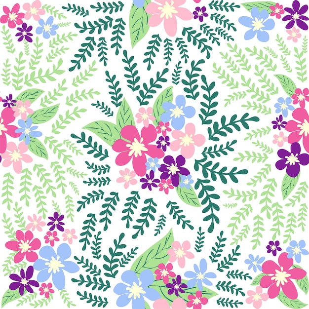 Fantasy seamless floral pattern with blue pink purple red orange flowers and leaves Elegant template for fashion