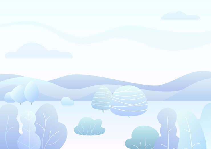 Vector 漫画の湾曲した木、茂みのトレンディなグラデーションカラーのファンタジーシンプルな冬の森の風景