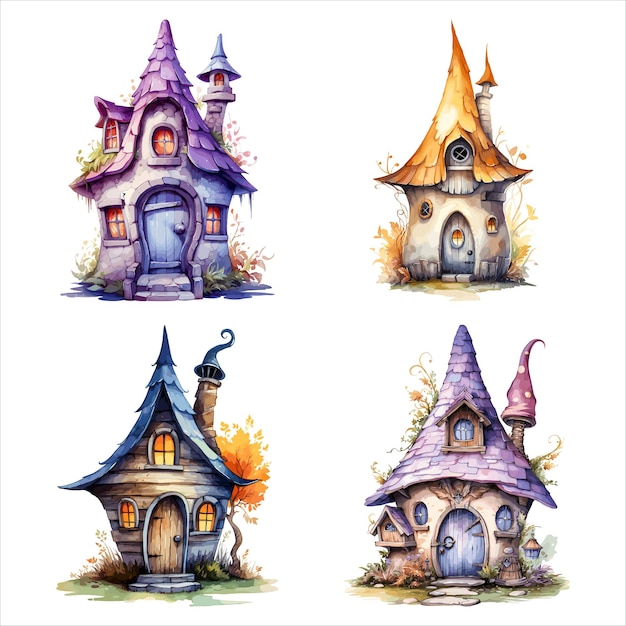 Fantasy Sorcerer's Hut watercolor illustration Halloween decorative elements Vector Illustration