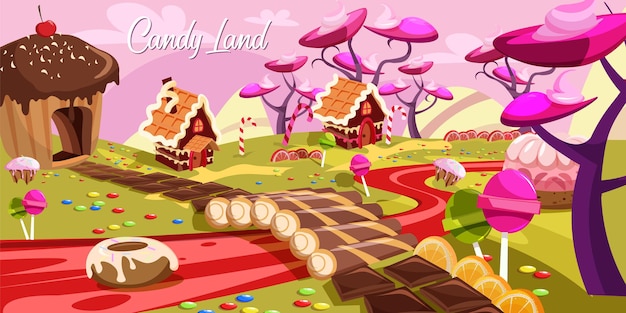 Фантастический сладкий мир, плоская иллюстрация, торт, вкусные соки, речное печенье и шоколадная дорога, земля мечты