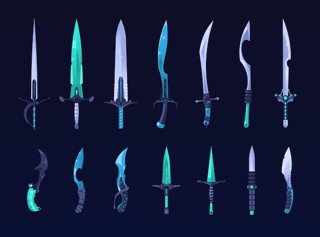 Vector fantasy sword weapon battle competition set of medieval blade knife sabre rapier dagger cartoon warrior rpg asset elements vector collection