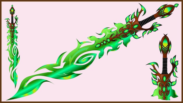 Una spada fantasy dell'elemento boschivo di legno e fogliame, una spada meravigliosamente elegante del mondo delle fiabe e della spada magica fantasy