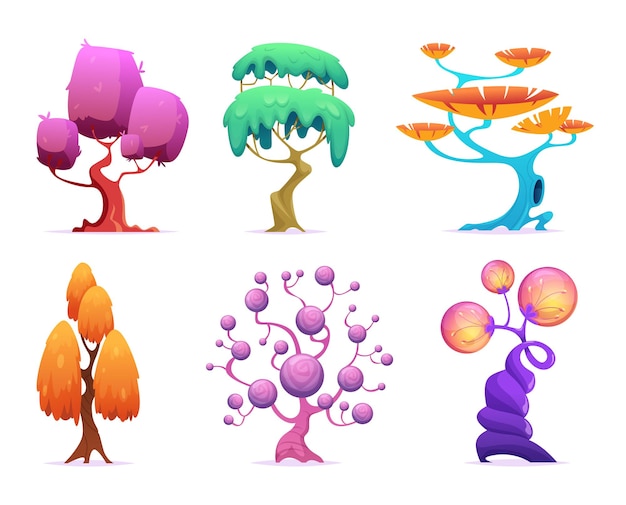 Vector fantasy tree fairytale garden plants glowing forest nature magic symbols exact vector cartoon collection isolated