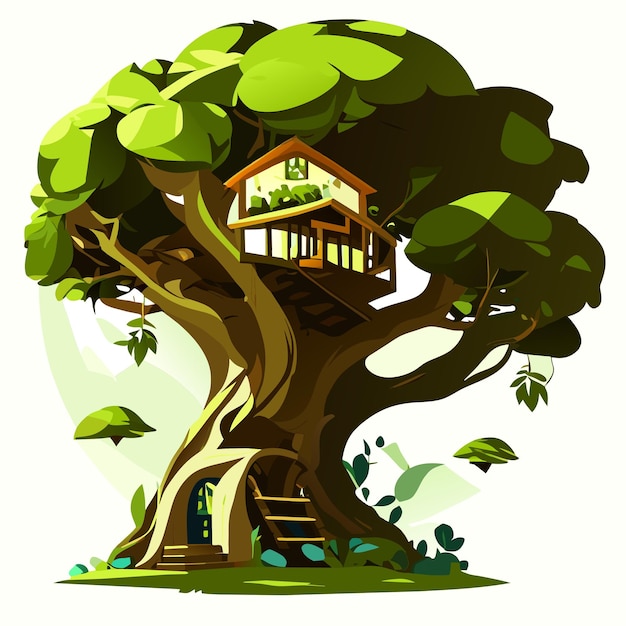 Vector fantasy tree house in the forest or fantasy tree house inside tree trunk