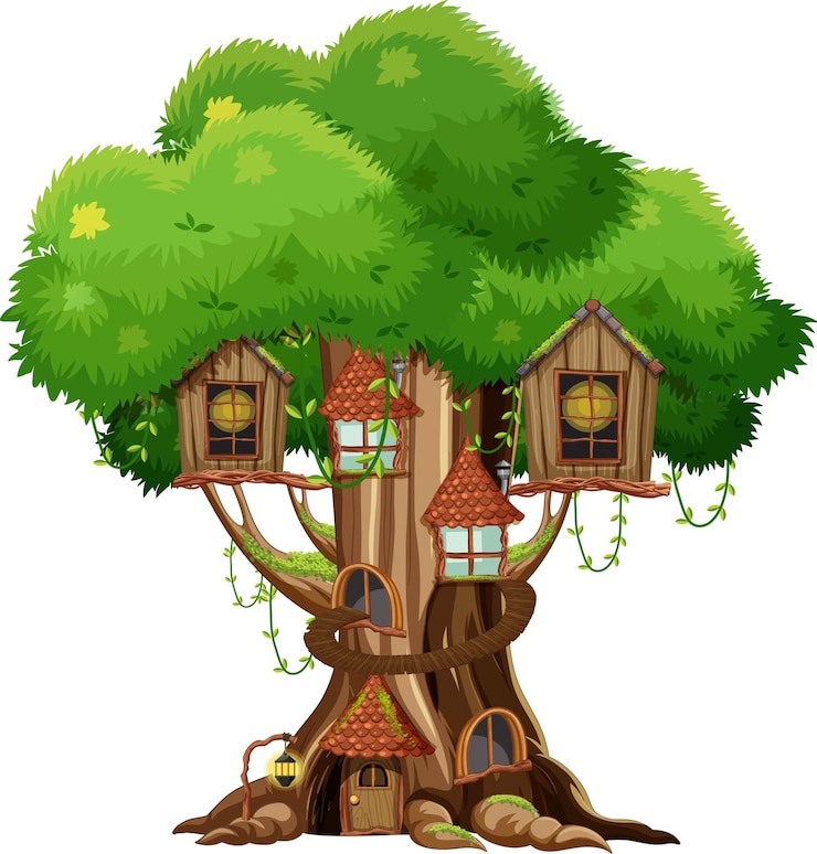 Vector fantasy tree house inside tree trunk on white background