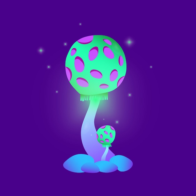 Fantasy trippy hallucinogen magic purple mushroom vector cartoon icon Toxic luminous fungus fairy tale or fantasy with neon light EPS