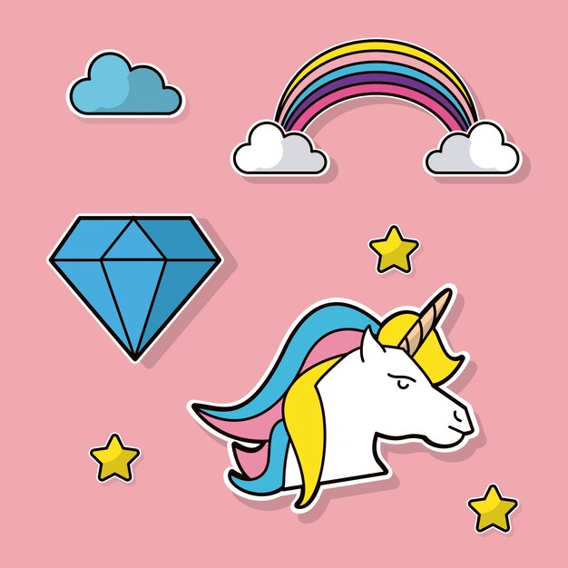 Vector fantasy unicorn rainbow diamond cloud star