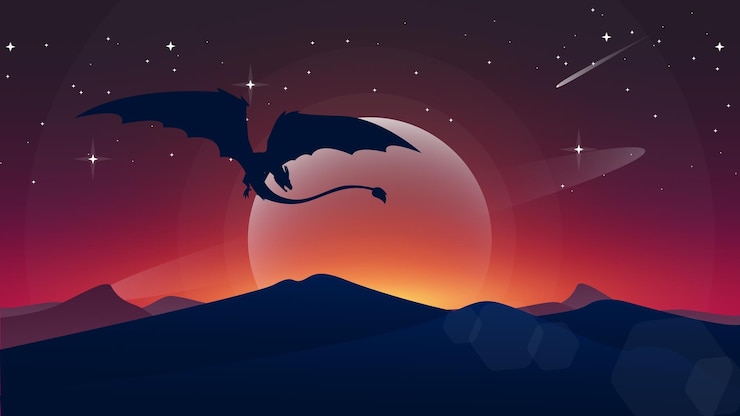 Vector 神話の動物とファンタジーの壁紙。飛龍のイラストです。ファンタジーの夕日の壁紙。