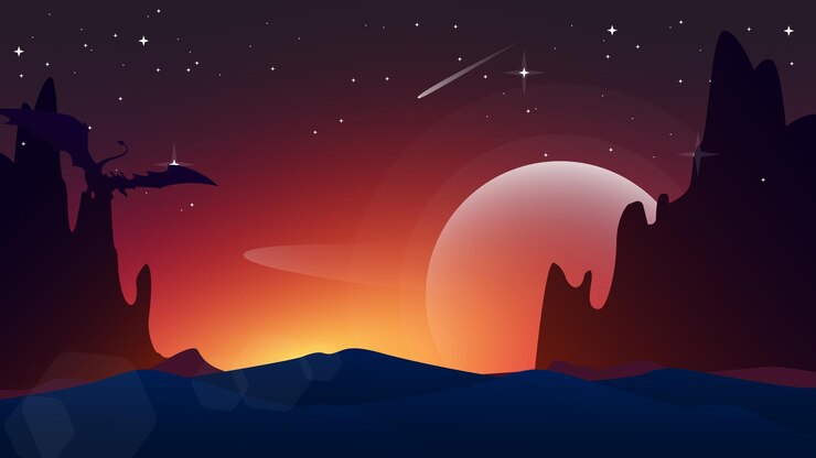 Vector 神話の動物とファンタジーの壁紙。飛龍のイラストです。ファンタジーの夕日の壁紙。