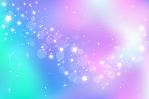 Вектор Фантастическая акварельная иллюстрация с радужным пастельным небом со звездами единорог космический фон