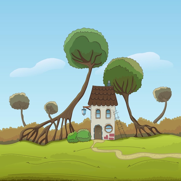 Fantasy wildlife landscape in cartoon style Brick house with a tiled roof hilly area giant trees meadow path Cute rustic landscape clear sky Hand drawing outline sketch Vector illustration