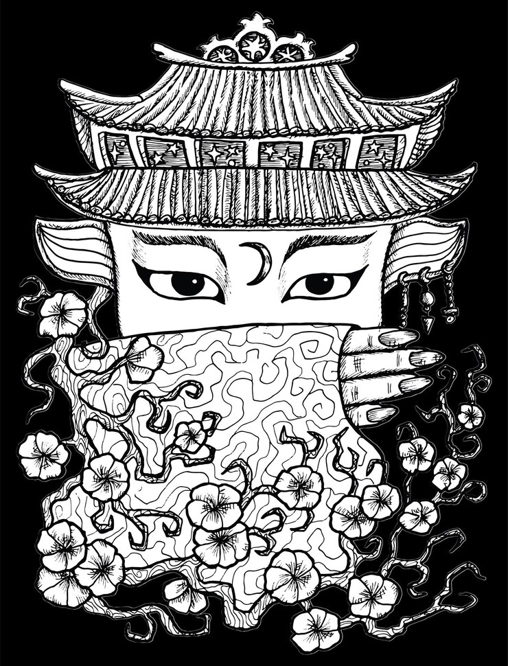 Vector fantasy witch face or portrait line art illustration with mystic esoteric and occut symbols