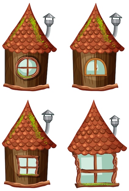 Fantasy wooden huts on white background