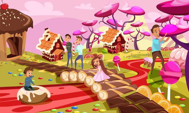 Fantasy world children boys and girls having fun in sweet land gingerbread houses delicious juice river cookies and chocolate road dream land