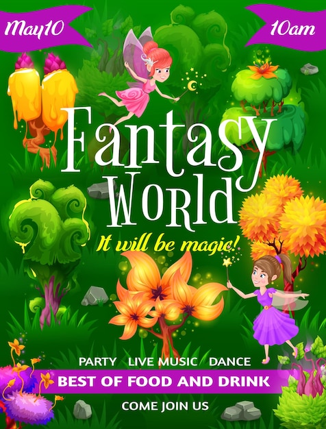 Fantasy world flyer fairy characters and trees