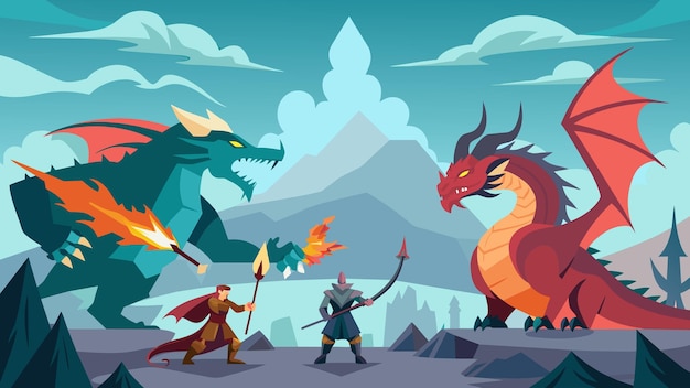 Vector a fantasy world is brought to life through epic battles between dragons and warriors trained in
