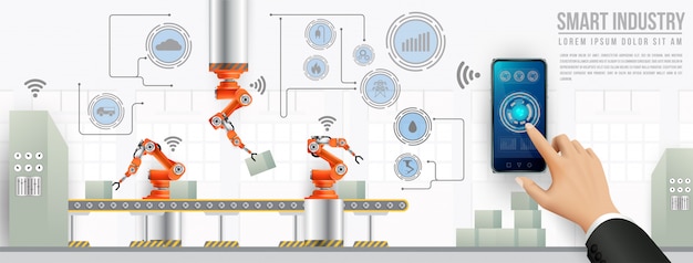 Fapeople connecting with a factory using smartphone and exchanging data with a neural network.