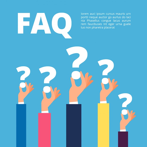 Faq concept. Businessman hands holding question marks template