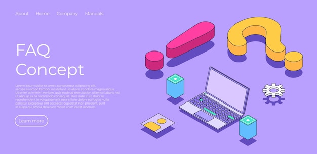 FAQ concept landing page in isometric vector illustration Frequently asked questions Question and allert sign with laptop and server Search information Vector illustration