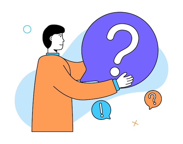 FAQ concept scene Man with question sign Helpful information Guides FAQ support metaphors Vector illustration