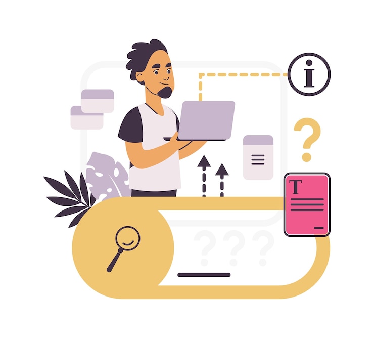 Vector faq customer support concept online assistance and corporate feedback people asks questions in chat and gets answers and useful recommendations man with laptop vector consultation