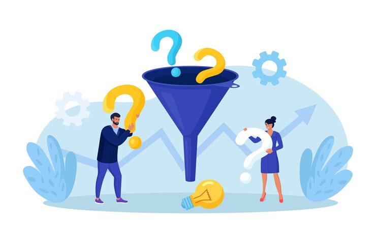 Vector 자주 묻는 질문(faq) 자주 묻는 질문 물음표가 있는 솔루션 필터를 얻기 위한 퍼널을 가진 사업가들 문제 해결 브레인스토밍 문제 연구 및 새로운 아이디어 찾기 답변 질문