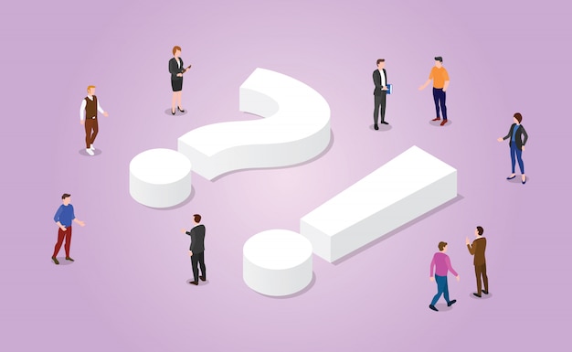 Vector faq frequently asked questions with team people and sign symbol with modern isometric style