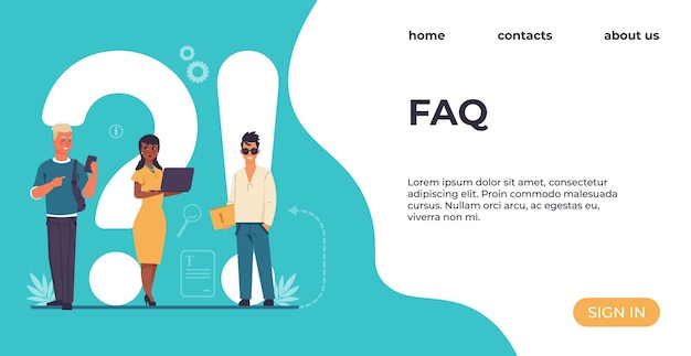 Vector faq landing page people ask questions online support service advices and recommendations for solution problems website design interface with buttons and lettering vector template