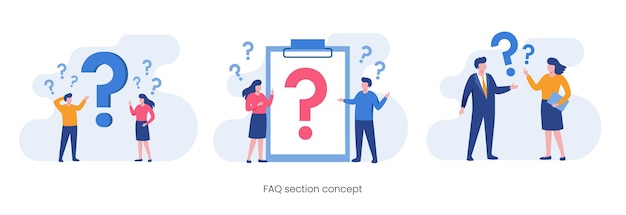 FAQ vraag concept, klantenondersteuning, platte vectorillustratie.