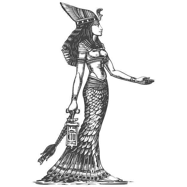 Vector farao vrouw de egyptische mythische schepsel afbeelding met behulp van oude gravure stijl
