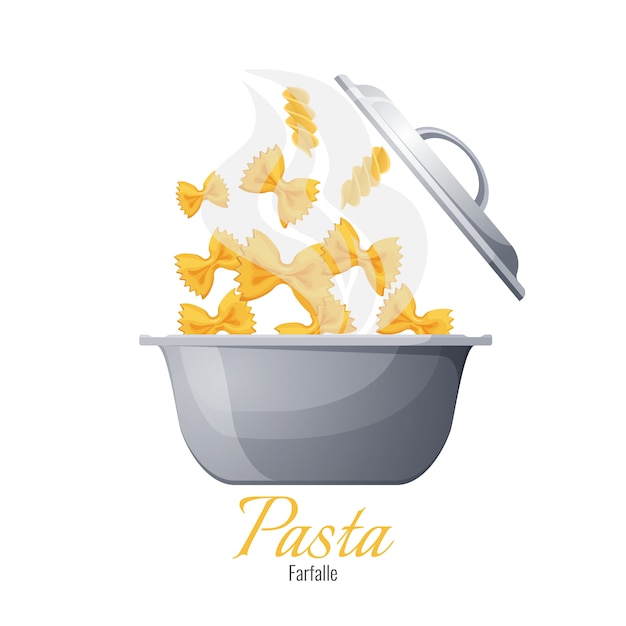 Farfalle e fusilli pasta italiana in pentola con coperchio