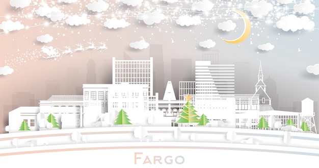 Fargo north dakota usa winter city skyline in paper cut style with snowflakes moon and neon garland christmas new year concept santa claus on sleigh fargo cityscape with landmarks