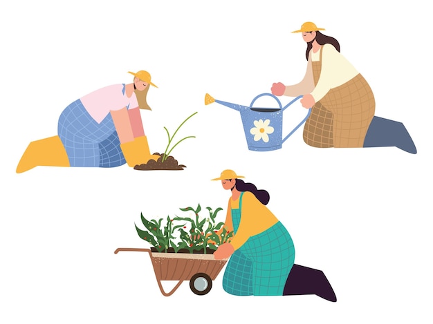 Farm and agriculture female farmers with watering can, wheelbarrow and planting  illustration