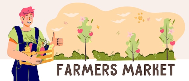 Farm agriculture landscape banner farmer products fresh farm vegetables natural food cartoon vector illustration