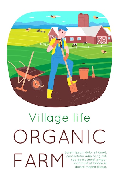 Vector farm and agriculture village poster. rural landscape with field, grass, flowers, farmer worker. eco clean area with blue sky, mountains and clouds. vector flat illustration for banner or postcard.