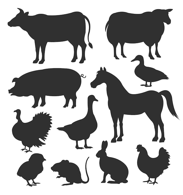  farm animal black silhouettes icon set