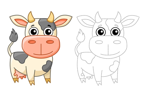 Libro da colorare per animali da fattoria per bambini illustrazione vettoriale di una mucca divertente in stile cartone animato traccia i punti e colora l'immagine
