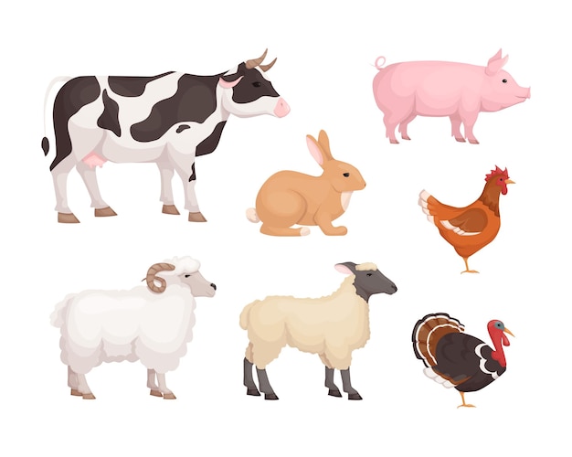 農場の動物のカラフルなセット。家畜の牛、豚、ウサギ、七面鳥、鶏、羊、子羊の側面図。さまざまな田舎の農業動物。農業および獣医の動物相の生息地のベクトル漫画