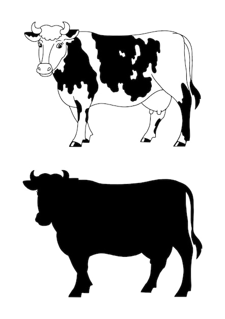 Farm animal cow black silhouette design element vector illustration isolated on white background template for books stickers posters cards clothes