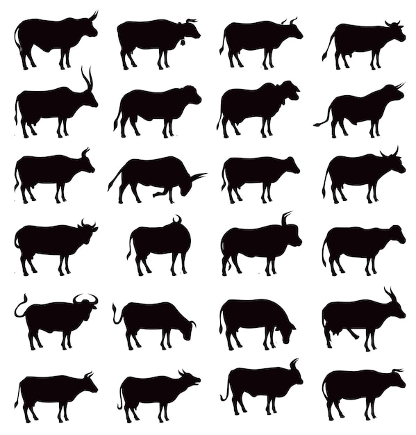 Farm animal cow icons isolated Vector Silhouettes